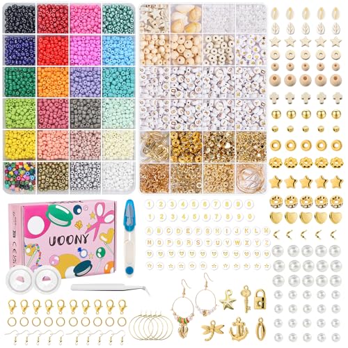 UOONY 4mm Perlen für Armbänder, 24 Bunte Morandi Glasperlen zum Auffädeln, Mini Perlenset Charm Kit mit Holzperlen, Perlen zum Auffädeln für DIY Bracelet Making Kit, Partys, Feiertage von UOONY