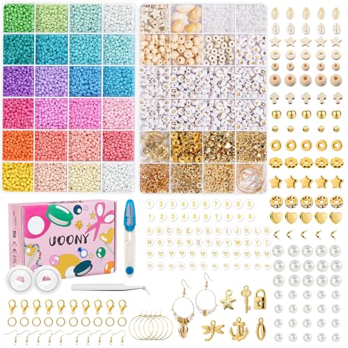 UOONY 4mm Perlen für Armbänder, 24 Bunte Morandi Glasperlen zum Auffädeln, Mini Perlenset Charm Kit mit Holzperlen, Perlen zum Auffädeln für DIY Bracelet Making Kit, Partys, Feiertage von UOONY