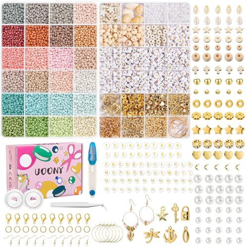UOONY 4mm Perlen für Armbänder, 24 Bunte Morandi Glasperlen zum Auffädeln, Mini Perlenset Charm Kit mit Holzperlen, Perlen zum Auffädeln für DIY Bracelet Making Kit, Partys, Feiertage von UOONY
