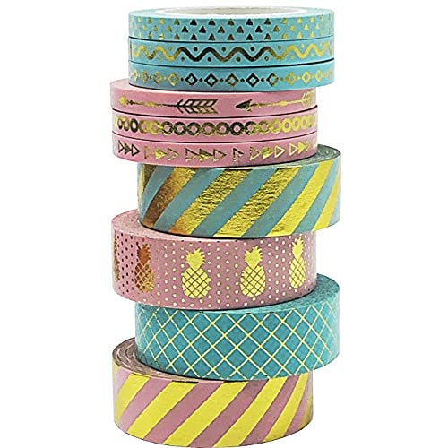 UOOOM 10 Rollen 10m Washi Tape Set gemischt breit und schmal 15mm 5mm Schöne Farbe Gold Masking Tape Deko Klebeband bunte Klebebänder DIY Scrapbooking Dekoration (Design 9063) von UOOOM