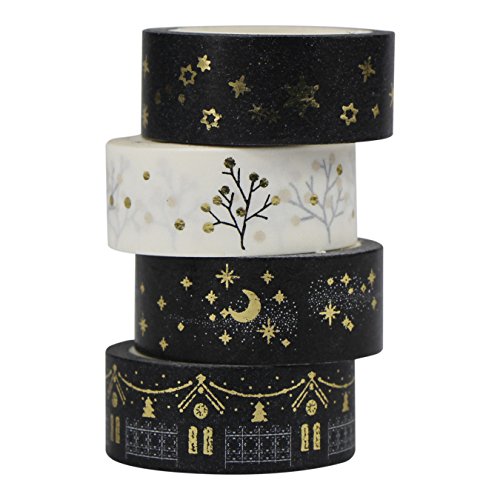 UOOOM 4er Set Gold Washi Tape Masking Tape deko klebeband Schwarz Weiß Klebebänder DIY deko Scrapbooking Craft Geschenk Design 9057 von UOOOM