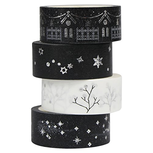 UOOOM 4er Silber Washi Tape Set Masking Tape deko Klebeband Schwarz Weiß Klebebänder DIY deko Scrapbooking Craft Geschenk Design 9058 von UOOOM