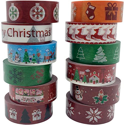 UOOOM Weihnachten Washi Tape Set 12 Rollen Dekorative Selbstklebendes Klebeband Masking Tape für Weihnachten Geschenkverpackung Dekoration DIY Scrapbooking Crafts (Rot) von UOOOM