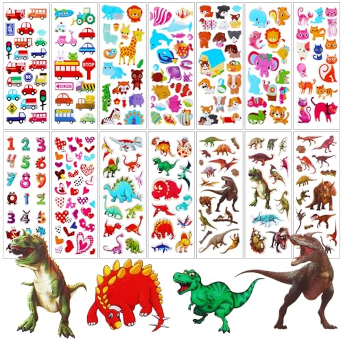 UPINS Tiere Dinosaurier Aufkleber, 14 Blätter Tiere Dino Sticker Kinder Dinosaurier Sticker Tiere Aufkleber Set 3D Puffy Kinder Aufkleber für Kinder von UPINS