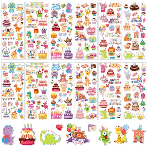 UPINS Geburtstag Sticker für Kinder, 12 Blatt Happy Birthday Aufkleber 3D Niedliche Geburtstag Aufkleber Kinder Happy Birthday Sticker für Geburtstage Party Deko von UPINS