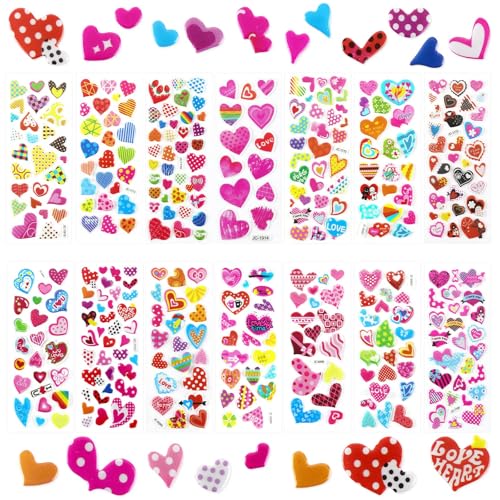 UPINS Herz Sticker, 14 Blatt Herz Aufkleber 3D Puffy Herzsticker Schaumstoff Herzaufkleber Kinder Valentinstag Aufkleber Liebe Sticker von UPINS