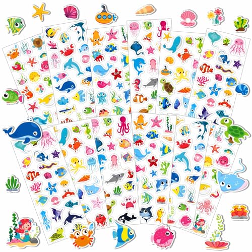 UPINS Meer Sticker, 12 Blatt Kinder Sticker Set Meerestier Aufkleber 3D Ozean Stickers Tier Sticker Kinder für Jungen Mädchen Geburtstag Geschenke von UPINS