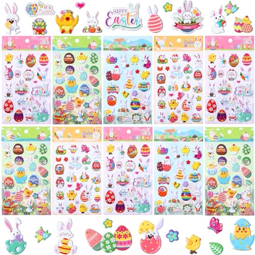 UPINS Ostersticker für Kinder, 10 Blatt 3D Osteraufkleber Niedliche Hasen Ostereier Sticker Schaum Ostern Sticker Dekorative Aufkleber für Ostern Partygeschenke Scrapbooking Kunsthandwerk Dekorationen von UPINS