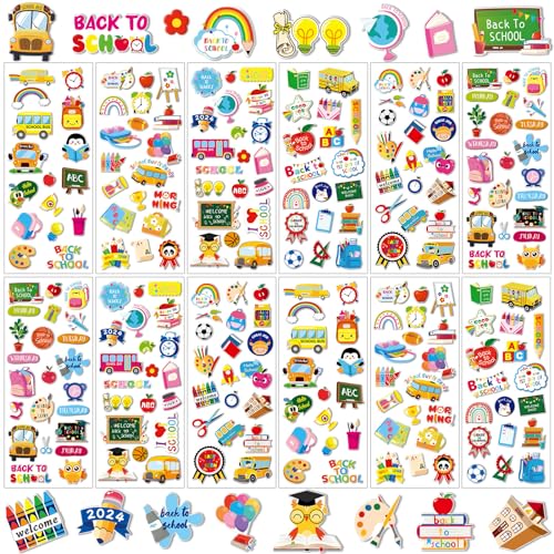 UPINS Sticker Einschulung, 12 Blatt Einschulung Aufkleber 3D Kinder Schulanfang Sticker DIY Schulanfang Aufkleber Einschulung Deko Sticker für Schüler Lehrer von UPINS