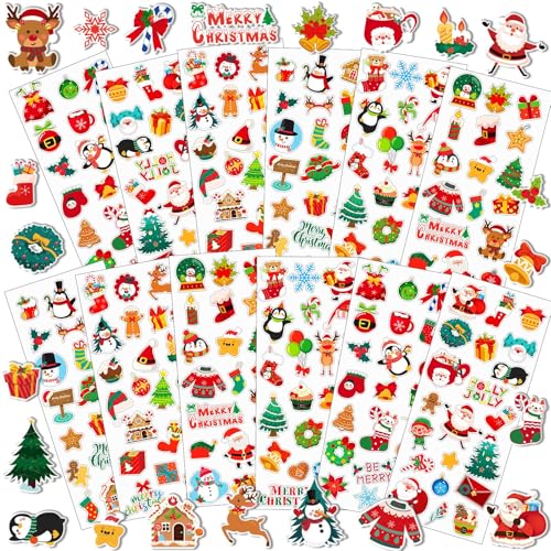 UPINS Weihnachts Aufkleber für Kinder, 12 Blatt 3D Puffy Sticker Schneemann Rentier Baum Weihnachtsmann Schaumstoff Sticker für Weihnachtsfeiern, Geschenke, Scrapbooking, DIY-Basteln von UPINS