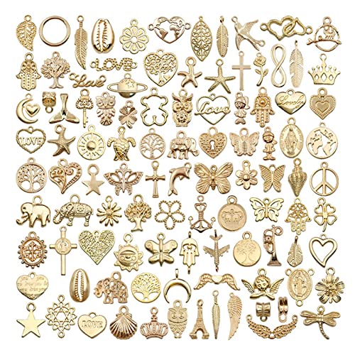 UPQRSG 100 Stück Charms für Die Schmuckherstellung, Goldene Legierungs Metall Charms Anhänger Zum Selbermachen, Ohrring Charms für Halskette, Armband, Schmuckherstellung und Basteln von UPQRSG