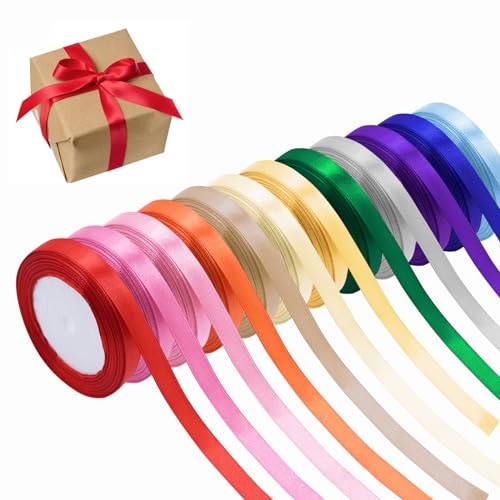 12 Farben Regenbogenband, Massives Stoff Satinband, Regenbogen Satinband Rolle Set, Doppelseitiges Dünnes Satinband, Polyester Satinband, für Bastelarbeiten, Schleifen, Geschenkverpackungen von UPUPGO