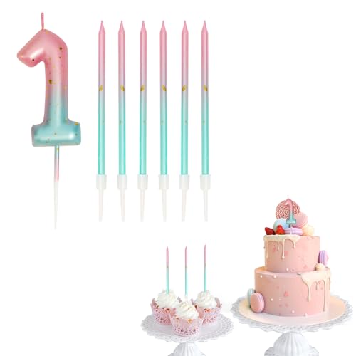 Geburtstagskerzen Zahlen 1, Kerze Geburtstag für rosa Farbverlauf Blaue mit 6 Stück Geburtstagsdekorationen Kerze für Baby, Mädchen, Jungen, Jahrestag, Hochzeit, Party, Dekoration von UPUPGO