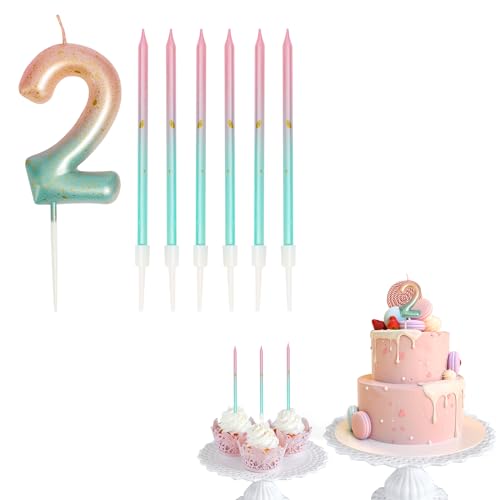 Geburtstagskerzen Zahlen 2, Kerze Geburtstag für rosa Farbverlauf Blaue mit 6 Stück Geburtstagsdekorationen Kerze für Baby, Mädchen, Jungen, Jahrestag, Hochzeit, Party, Dekoration von UPUPGO