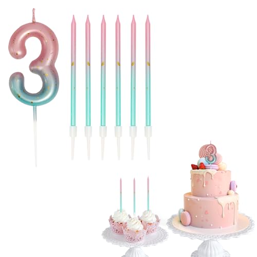 Geburtstagskerzen Zahlen 3, Kerze Geburtstag für rosa Farbverlauf Blaue mit 6 Stück Geburtstagsdekorationen Kerze für Baby, Mädchen, Jungen, Jahrestag, Hochzeit, Party, Dekoration von UPUPGO