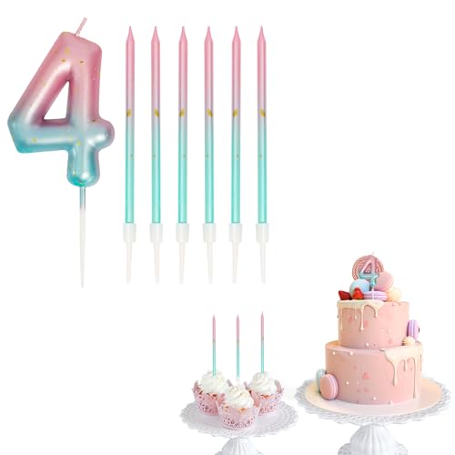 Geburtstagskerzen Zahlen 4, Kerze Geburtstag für rosa Farbverlauf Blaue mit 6 Stück Geburtstagsdekorationen Kerze für Baby, Mädchen, Jungen, Jahrestag, Hochzeit, Party, Dekoration von UPUPGO