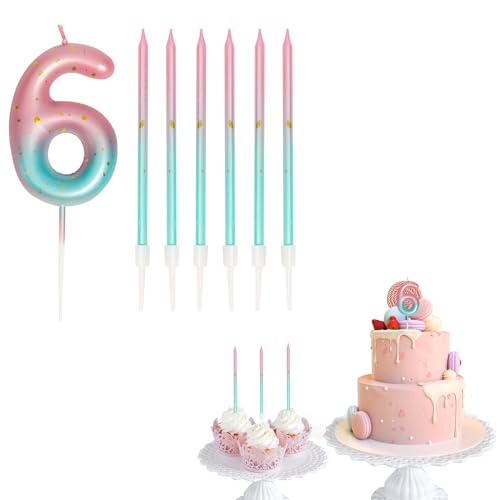 Geburtstagskerzen Zahlen 6, Kerze Geburtstag für rosa Farbverlauf Blaue mit 6 Stück Geburtstagsdekorationen Kerze für Baby, Mädchen, Jungen, Jahrestag, Hochzeit, Party, Dekoration von UPUPGO
