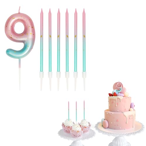 Geburtstagskerzen Zahlen 9, Kerze Geburtstag für rosa Farbverlauf Blaue mit 6 Stück Geburtstagsdekorationen Kerze für Baby, Mädchen, Jungen, Jahrestag, Hochzeit, Party, Dekoration von UPUPGO