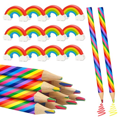 UPUPGO 24 Stück Regenbogenstift Farbstifte Set Regenbogen Buntstifte mit Radiergummi 2 Arten Buntstifte Kinder 4 in 1 Dreikant Regenbogenstifte für Kunst Zeichnung,Skizzieren und Färbung von UPUPGO