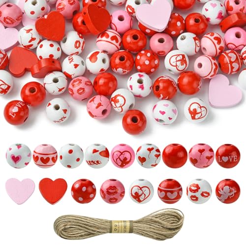 UR URLIFEHALL 114 Stück Valentinstag Holzperlen Runde Herzperlen mit Jutekordel Liebe Abstandshalter Perlen für DIY Schmuck Handwerk Heimdekoration von UR URLIFEHALL