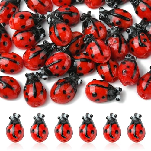 UR URLIFEHALL 30 Stück Marienkäfer-Perlen, rotes Lampwork-Glas, fliegendes Tier, Insekten, Glas, lose Abstandshalter, Perlen für Bastelarbeiten, Ohrringe, Schmuckherstellung von UR URLIFEHALL