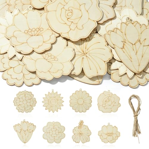 UR URLIFEHALL 32 Stück zufällige Holzblumen, hängende Ornamente zum Bemalen, unlackiert, blanko, Gänseblümchen, Rose, Sonnenblume, Holzausschnitte für Zuhause, Basteln, hängende Dekorationen von UR URLIFEHALL