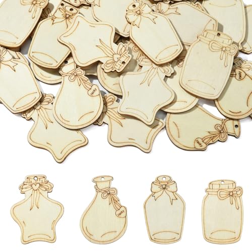 UR URLIFEHALL 40 Stück 4 Stile Holz-Wunschflaschen-Charms, unlackiert, blanko, Holzscheiben mit Loch für Basteln, Scrapbooking, Zuhause, Garten, Party, Dekoration von UR URLIFEHALL