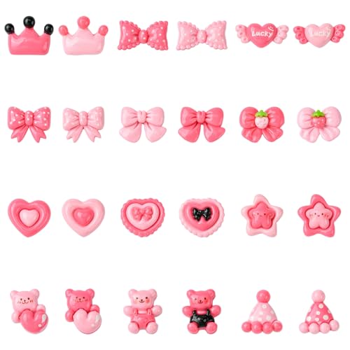 UR URLIFEHALL 48 Stück 24 Stile Hot Pink Harz Cabochons Herz Stern Schleife Flache Rückseite Kein Loch Perlen Charms für Schmuck Handwerk Handyhülle Dekor von UR URLIFEHALL