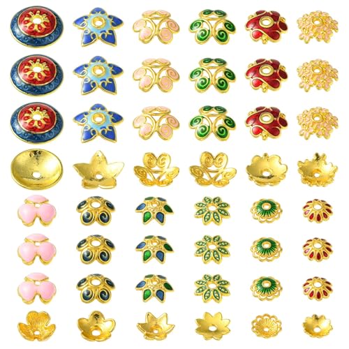 UR URLIFEHALL 60 Stück 12 Stile Blume Emaille Perlenkappen Golden Floral Shaped Spacer Perlen Endkappen für Schmuckherstellung Handwerk Schlüsselanhänger Ohrringe von UR URLIFEHALL