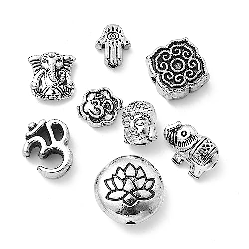 UR URLIFEHALL 80 Stück 8 Stile Tibetische Silber Religiöse Spacer Perlen Hamsa Hand Perlen Elefant Buddha Blumen Schmuck DIY Handwerk von UR URLIFEHALL