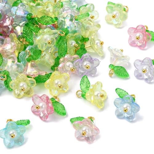 UR URLIFEHALL 80 Stück 8 Stile Trompete Blume Charms Acryl Floral Bead Charms mit grünen Blättern Glocke Orchidee Charms für Schmuckherstellung Handwerk von UR URLIFEHALL