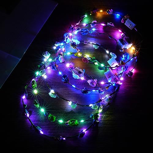 URAQT LED Blumenkranz Stirnband, 6PCS Haarkranz Blumen Mallorca Party Accessoires, Damen und Kinder Festival Zubehör Geburtstag Weihnachten Party Hochzeit Dekor Blumenkranz Kopfschmuck von URAQT