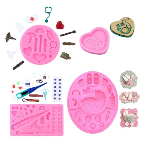 4pcs Medizinische Geräte Silikonformen Stethoskop Krankenschwester Hut Fondant Formen Backformen Fondant Formen Epoxidharzformen Casting Form Harz Seifenform für Torten Fondant Kekse Backen von URFDCAD