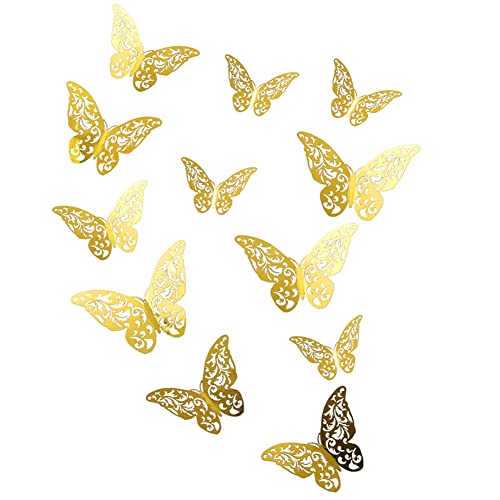 3D Schmetterling Deko Wand Wandsticker 12 Stück DIY Abnehmbare Schmetterling Aufkleber Hohle Wandtattoos Art Wandaufkleber für Wohnzimmer, Kinderzimmer, Zuhause, Hochzeit, Party Dekoration (Gold) von URFEDA