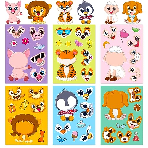 6 Stück Make-a-face Aufkleberbögen, Tier Aufkleber Eigene Tier-Mix- und Match-Aufkleberbögen erstellen Tiere Gesicht Augen Ohren Sticker Set zum DIY Party Favor Supplies Craft von URFEDA