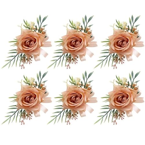 Braut Boutonniere und Handgelenksblume,6 Stück Hochzeit Rose Handgelenk Corsagen - Brautjungfer Handgelenk Blume Künstliche Rose Blumen Anstecker Hochzeit Boutonniere Blumen für Bräutigam Prom Party von URFEDA