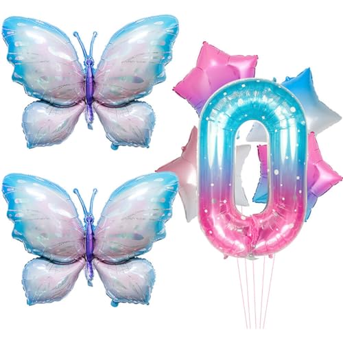 Geburtstagsdeko Schmetterling Deko 0 Jahre Set - Luftballon Schmetterling Geburtstag Deko, Zahlen-Ballon Zahl 0 Luftballon, Folienballon Tiere Deko Happy Birthday Deko Mädchen Dekoration Party-Deko von URFEDA