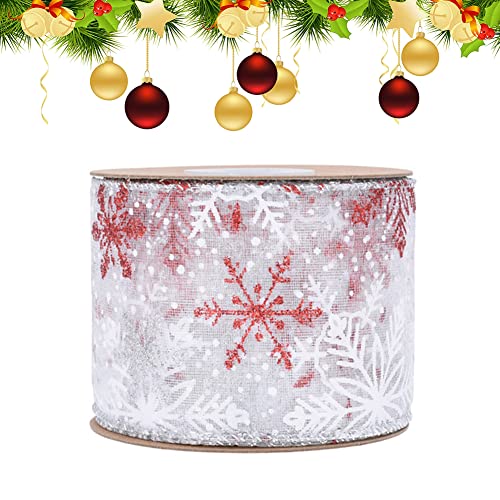 Organza Band Geschenkband Weihnachten,Glitzer Schneeflocken Geschenkband Chiffon Breit mit Draht,Transparent Weihnachtsbänder Schleifenband Dekorative Bastelband für DIY Geschenke,Weihnachtsdeko von URFEDA