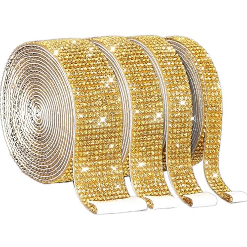 URFEDA 4 Rollen Kristall Strasssteine Selbstklebend Strassband, Glitzersteine selbstklebend Diamant Band, Bling Strass Bänder Aufkleber für Kunsthandwerk Deko, Gold, Breite 0,9 cm+1,35cm+1,8cm+2.2cm von URFEDA