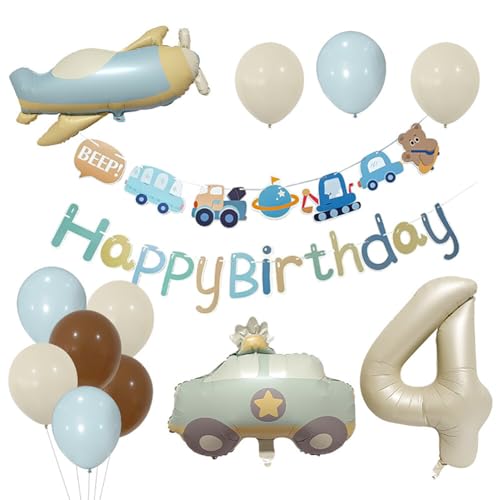 URFEDA Geburtstagsdeko 4 Jahre Jungen Mädchen,Flugzeug Luftballon Deko Kindergeburtstag, Bär Geburtstag Dekoration,Bunte Folienballon 4 Jahre für Jungen Mädchen Party Dekoration von URFEDA