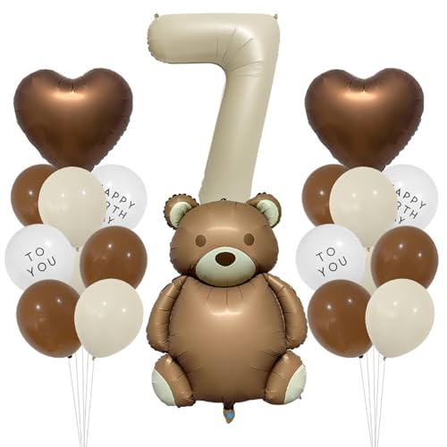 URFEDA Geburtstagsdeko 7 Jahre Jungen Mädchen,Herz Luftballon Bär Deko Kindergeburtstag, Bär Geburtstag Dekoration,Creme,Beige Braun Folienballon 7 Jahre für Jungen Mädchen Party Dekoration von URFEDA