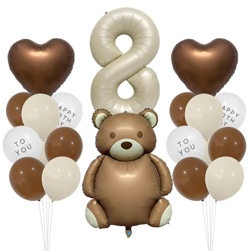 URFEDA Geburtstagsdeko 8 Jahre Jungen Mädchen,Herz Luftballon Bär Deko Kindergeburtstag, Bär Geburtstag Dekoration,Creme,Beige Braun Folienballon 8 Jahre für Jungen Mädchen Party Dekoration von URFEDA