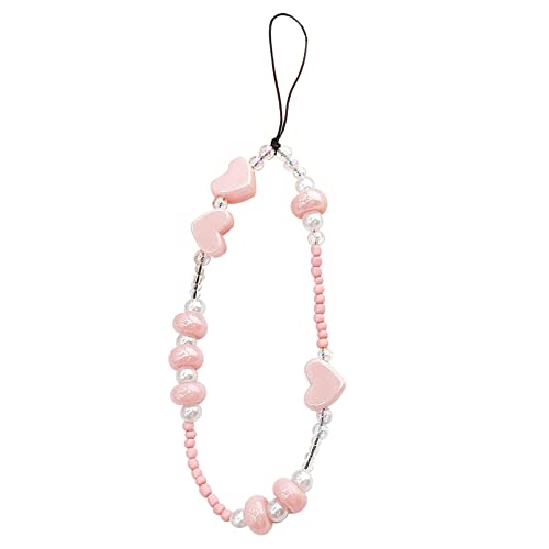 URFEDA Handykette Perlen Handy Lanyard Handyanhänger Böhmische Herz Perle Handykette Telefon Anhänger Anti Verlorene Telefon Kette Handgelenkschlaufe Schlüsselbund Handy Schmuck Hängen Chian Rosa von URFEDA