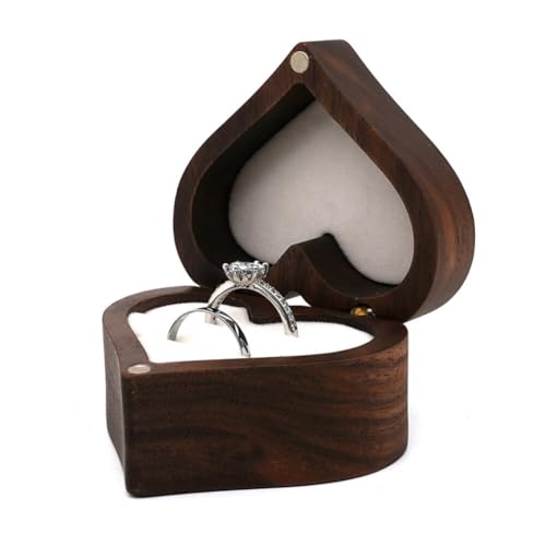 URFEDA Herzförmige Ringschatulle aus Walnuss Holz Ring Box Vintage Ringkästchen Hölzerne Ring Schmuck Organizer Herzförmige Ringe Etui Schmuckschatulle für Hochzeit Verlobung Heiratsantrag Jubiläen von URFEDA