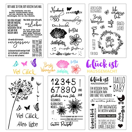 URFEDA Silikonstempel Sprüche Deutsch Stempel Silikon 6 Blätter Clear Stamps Deutsche Texte,Geburtstag Stempel,Tiere und Blumen Stempelset für DIY Scrapbooking Fotoalbum Grußkarten Bullet Journal von URFEDA