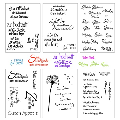 URFEDA Silikonstempel Sprüche Deutsch Stempel Silikon 6 Blätter Clear Stamps Deutsche Texte,Geburtstag Stempel,Tiere und Blumen Stempelset für DIY Scrapbooking Fotoalbum Grußkarten Bullet Journal von URFEDA