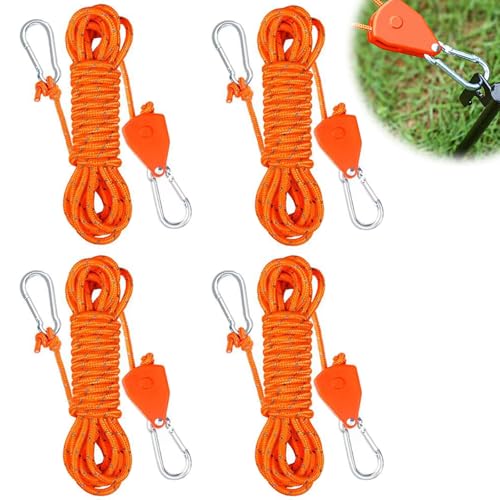 URHELP 4 Stück 4mm Rope Seilratsche mit Haken, Reflektierend Abspannseile mit Seilspanner, Einstellbare Sonnensegel Spanner, Camping Zubehör, Windfestes Seil für Sonnensegel Wäscheleine von URHELP