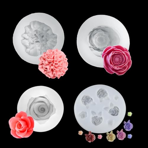 URHRHU 4 Stück Silikonformen Gießformen, Kerzen Formen Silikon Rose Nelke, Seifenformen Silikon Blumen 3D Silikonform, Kerzenformen zum Gießen Kerzengiessform für DIY Duftkerze Dessert von URHRHU