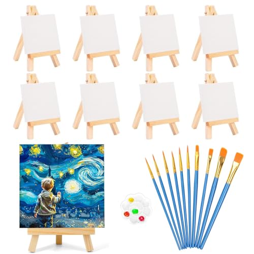 URHRHU 8 Stück Mini Leinwand mit Staffelei Holz, 15 x 8 cm Tischstaffelei Faltbar mit Leinwände zum Bemalen, Mini Staffeleien Set mit 10 Pinsel und 1 Mischpalette für Malerei Kinder Kunst Tisch Deko von URHRHU