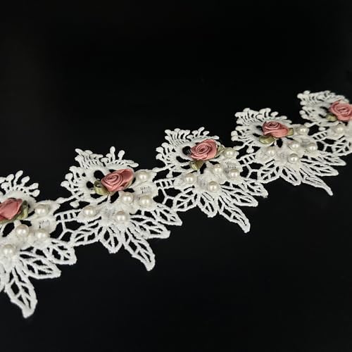 91 cm Vintage Blume Perlen Spitze Band Wimpern bestickter Stoff Spitze Floral Applikationen Spitzenbesatz Handgefertigtes Nähen Handwerk für Hochzeit Brautkleid Kostüm Hut Dekoration (Weiß, 91 cm) von URIMPAVIDO